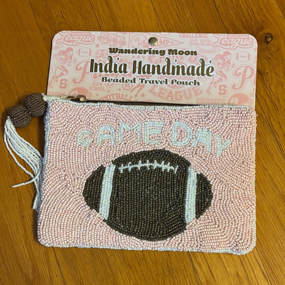Wandering Moon India Handmade Pink Beaded Game Day Football Coin Purse